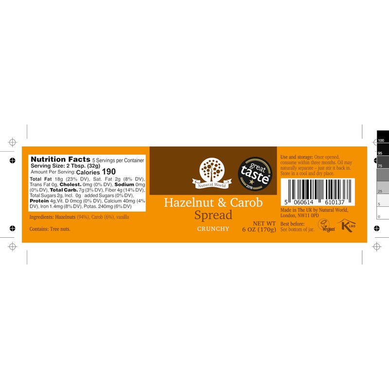 Nutural World - Crunchy Hazelnut and Carob spread 6 Oz