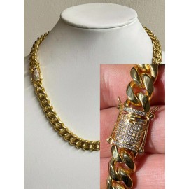 Hip Hop Miami Cuban Link CHOKER Chain Real 18k Gold Plated Stainless Necklace CZ Lock