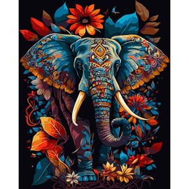 HEIBAGO Colorful Elephant Paint by Numbers for Adults, Flowers Oil Painting Kits for Beginners, DIY Paint by Numbers on Canvas Animal Drawing Artwork Picture for Home Decor 16x20 Inch (Frameless)