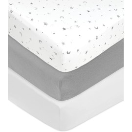 American Baby Company 3 Pack Fitted Crib Sheets 28" x 52", Soft Breathable Neutral 100% Cotton Jersey Sheet, Gray Stars/Gray/White, for Boys and Girls, Fits Crib and Toddler Bed mattresses