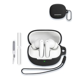 Case for QCY Buds ANC Earbuds, WUNIAK Soft Silicone Protective Portable Scratch Shock Resistant Shell with Cleaner Kit & Carabiner & Lanyard ，Black