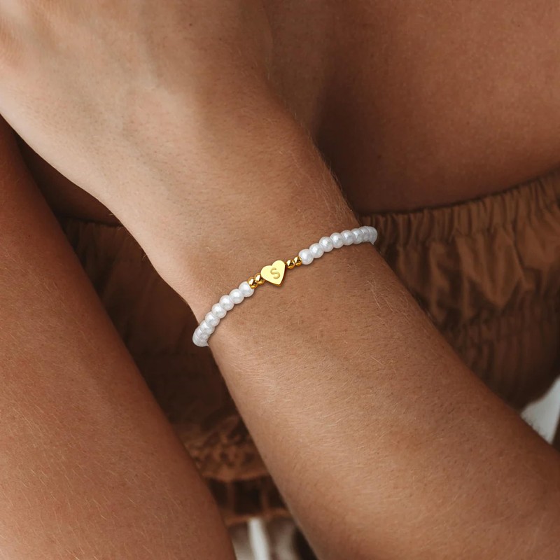 Initial Bracelet for Women Gold Initial Bracelet Pearl Beaded Bracelet