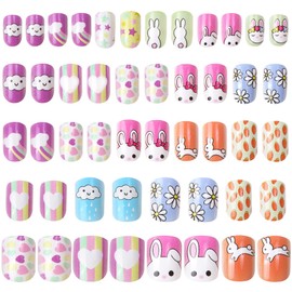 JANYUN 48 Pcs Stick on Nails for Kids Fake Nails for Girls False Nails Lovely Children Gift Nail Art Decoration (Girl Theme)