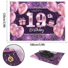 PAKBOOM Happy 19th Birthday Banner Backdrop - 19 Birthday Party Decorations Supplies for Women- Pink Purple Gold 4 x 6ft