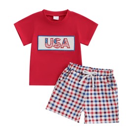 Fufuriprefer 4th of July Baby Boy Summer Outfit Embroidery Letters T-shirt Plaid Shorts Set Toddler Fourth of July Clothes (Red, 18-24 Months)