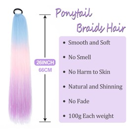 1 Packs 26 Inch Rainbow Ponytail Hair Extensions with Tinsel Hair for Jumbo Braiding Hair Extensions Soft Yaki Straight Synthetic Hair Glitter Ponytail for Girls DIY Box Braids (blue-pink-purple)