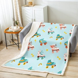 Skating Kids Throw Blanket,Roller Skates Winter Sports Games Bed Blanket for Boys Girls Adults,Rainbow Flash Stars Cartoon Fleece Blanket,Blue Cute Fuzzy Blanket,Throw Size (50 x 60 Inches)