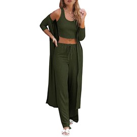 Fessceruna Womens 3 Piece Lounge Sets Pajamas Knit Long Sleeve Cardigan Crop Top Wide Leg Pants Loungewear Set