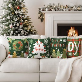 Cirzone Christmas Cushion Cover, 45 x 45 cm, Set of 4, Colourful Christmas Tree, Christmas Decor Cushion, Christmas Cushion Cover, Christmas Decoration for Home, Sofa, Bedroom