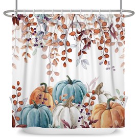 Canessioa Autumn Pumpkin Shower Curtain Fall Eucalyptus Leaves Shower Curtains Thanksgiving Day Harvest Season Shower Curtain Sets for Bathroom 72x72 in with 12 Hooks