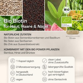 Organic Biotin Skin, Hair, Nails - Capsules | Only Natural Ingredients in Organic Quality | Pure Vegan | Biotin Zinc Selenium Organic | Hair Vitamins in Glass Instead of Plastic