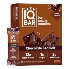 IQBAR Brain and Body Plant Protein Bars - Chocolate Sea Salt - 12-Count Low Carb - Gluten Free, High Fiber, Vegan Snacks - Low Sugar Meal Replacement