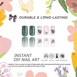 Christmas Press on Nails Short Square MABKJLF Green Fake Nails False Nails with Designs Glitter Christmas Tree Gnome Cute Glossy Glue on Nails Stick on Nails for Women Girls 24 Pcs