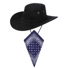 Black Cowboy Hat and Navy Blue Bandana Western Sun Cap Faux Felt Leather Suede Fancy Dress Party Costume Outfit Neckscarf Sun Protection Mens Womens