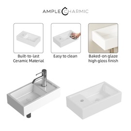AmpleCharmic Wall Mount Bathroom Vessel Sink, Rectangle Modern Floating Ceramic Basin for Small Bathroom with Pop-up Darin, No Overflow, White