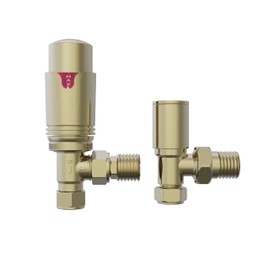 NRG Designer 15mm Brushed Brass Angled TRV Thermostatic Radiator Valves Central Heating Tap and Manual Angled Valves
