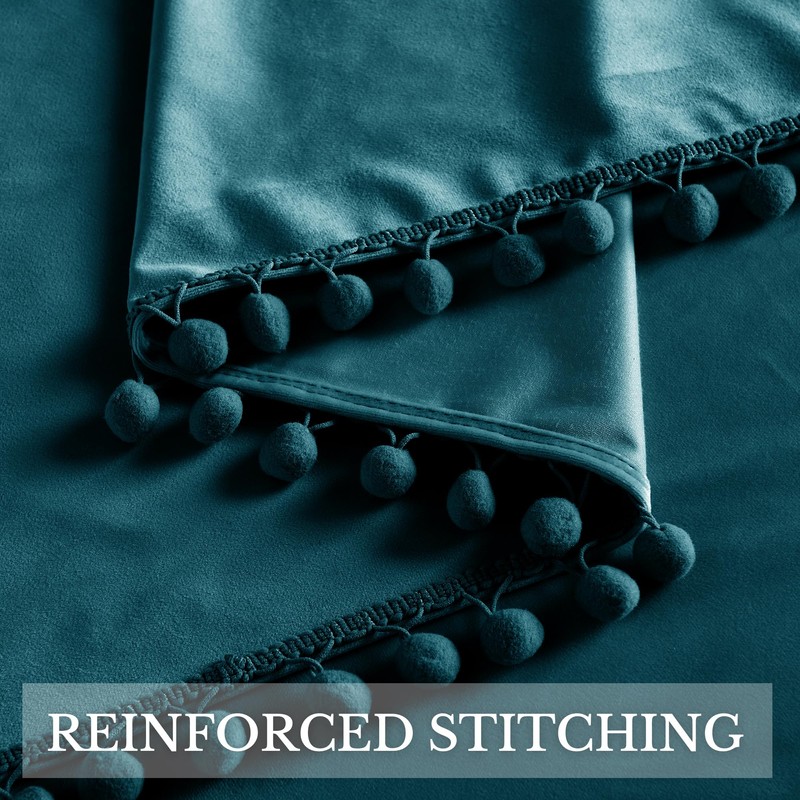 RYB HOME Teal Velvet Blackout Curtains with Pompoms for Bedroom