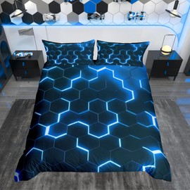 Homewish Boys Geometric Duvet Cover Single, Neon Geometric Honeycomb Bedding Sky Blue Black Bedding Set Abstract Hexagonal Beehive Quilt Cover Modern Fashion Room Decor Zipper