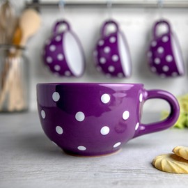City to Cottage Purple and White Polka Dot Spotty Designer Handmade Hand Painted, Unique Ceramic Extra Large 17.5oz/500ml Cappuccino Coffee Tea Soup Mugs Cups with Handle