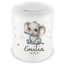 Samunshi® Children's Money Box with Name and Baby Elephant Motif for Children - Boys and Girls Piggy Bank 330 ml White