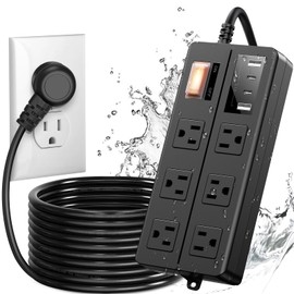 IPX6 Outdoor Power Strip Weatherproof, Waterproof Surge Protector with 6 Wide Outlet with 2A2C USB Ports, 15FT Long Extension Cord, Wall Mountable for Outside Decorations and More UL Listed(Black)