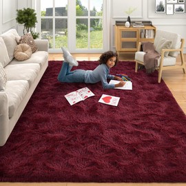 FinRèc Red Rugs for Living Room Bedroom, 3x5 Feet Fluffy Shag Area Rug, Non-Slip Plush Fuzzy Rugs for Nursery Kids Room Dorm Room Home Decor, Indoor Furry Floor Carpet