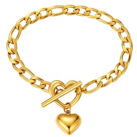 366DAYS Heart Charm Bracelet for Women, Stainless Steel 18K Gold Plated Bracelet Heart Pendant Link Chain OT Clasp, Jewelry Gift for Her (Gold)