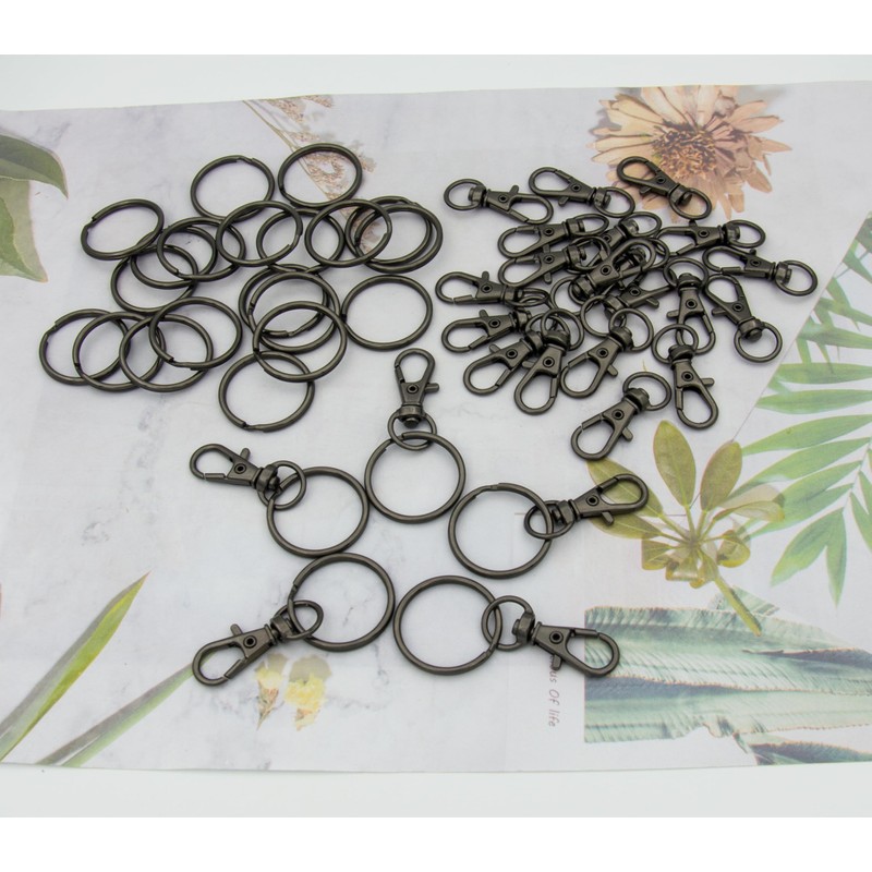 50pcs Gun Black Swivel Snap Hooks with Split Key Rings