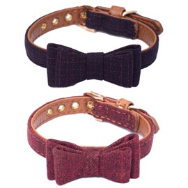 2PCS Cat Collar Bowtie,Kitten Collars with Stylish Plaid Patterns,English Style Leather Cat Collar with Adjustable Length from 8-11in (Red/Purple Blue)