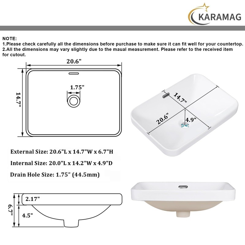 KARAMAG Bathroom Vessel Sink 20.6'' x 14.7'' Semi Recessed Bathroom