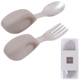 enne. Training Spoon and Fork Set with Case, For Babies, Babies, Children, Practice, Easy to Hold, Stainless Steel (Beige Gray)