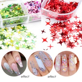 Stars Nail Art Glitter Sequins, 3D Sparkly Four-Pointed Star Nail Flakse Designs, 12 Colors Star Nail Art Sequins Supplies for Women Girls Manicure Shiny Decorations, DIY Resin Nail Art Tips