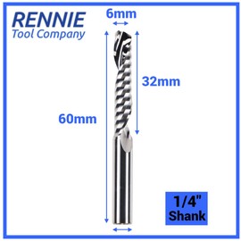 Rennie Tools 6mm x 32mm Flute x 1/4" Shank Solid Carbide Single Flute Spiral Router Cutter Bit End Mill for ACM, Aluminium, PVC, Acrylic and Hard Woods. 6mm Router Bit