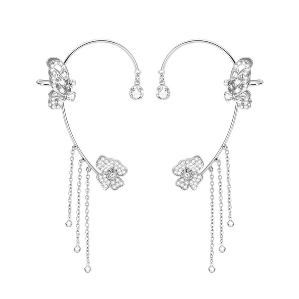 Vikeney 2PCS Butterfly Tassel Style Zircon Brass Earrings Butterfly Ear Cuff for Women Girl Silver Tassel Earrings Non Pierced Flower Wrap Around Ear Clips Fairy Earrings Jewelry Gift