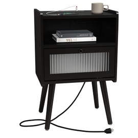 Mid Century Modern Nightstand with Charging Station, Bedside Tables with Glass Decorative Door, End Table Side Table with 2 Tiers Storage Space, for Bedroom, Living Room, Black