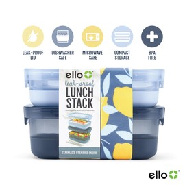 Ello 2-Pack Lunch Stack Plastic Food Storage Container Bento Box with Airtight, Leak-Proof Locking Plastic Lids and Silicone Base, BPA-Free, Freezer, Microwave, and Dishwasher Safe, Blueberry