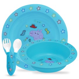 4Pcs George Pig Dishware Feeding Tableware Set for Babies, Reusable and BPA Free Plate, Bowl Fork and Spoon Blue, Best Gift for Travel Summer Mealtimes Babies 6+ Months