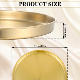 2 Pcs 12 Inch Gold Round Serving Tray Stainless Steel Circle Decorative Vanity Gold Plate Metal Jewelry Makeup Organizer Dishes for Gift Wedding Coffee Table Bathroom Dessert Christmas