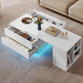 YITAHOME Coffee Table LED Coffee Table with 4 Storage Drawers, Extendable Coffee Tables for Living Room, Modern Wooden Rectangle Cocktail Table with Open Shelves & Sliding Tabletop 35"- 61", White