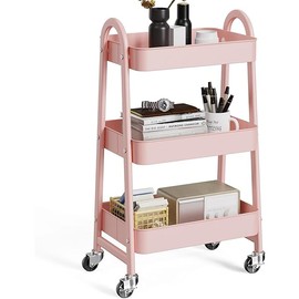 OLIXIS 3 Tier Utility Rolling Cart, Metal Mobile Storage Shelf with Lockable Caster Wheels, Organization for Livingroom, Bathroom, Kitchen, & Narrow Places, Pink