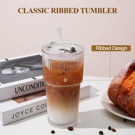 LUXULISH 20Oz Ribbed Glass Tumblers with Lids and Straws, Vintage Glass Cups Thickened Drinking Glasses Set of 4, Ideal for Iced Coffee, Smoothies, Cocktails, Matcha and Juices