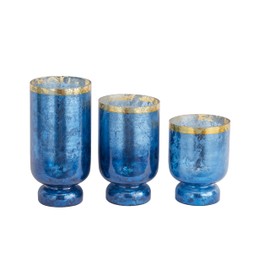 Deco 79 Glass Pillar Hurricane Lamp with Gold Interior, Set of 3 12", 10", 12"H, Blue