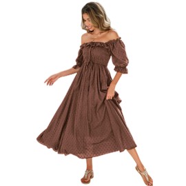 R.Vivimos Women Summer Half Sleeve Cotton Ruffled Vintage Elegant Backless A Line Flowy Long Dresses (Medium, Brown#2)