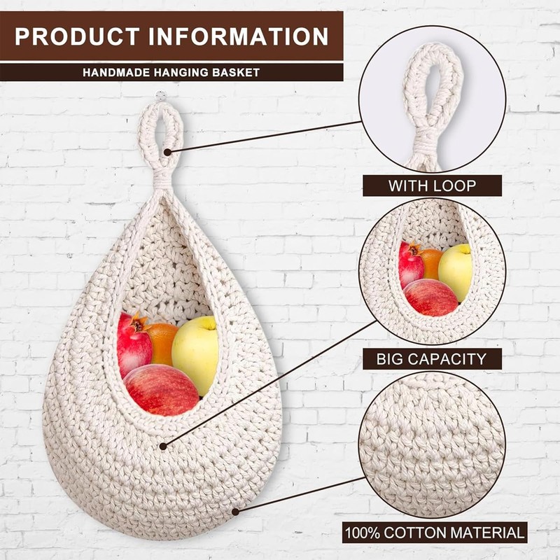 AIMALL Handmade Cotton Rope Wall Hanging Fruit Basket Storage Net