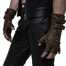 Punk Rave Steampunk Fingerless Gloves for Men Motorcycle Cotton Gloves Grey Coffee Driving Gloves (XL-XXXL, Coffee)