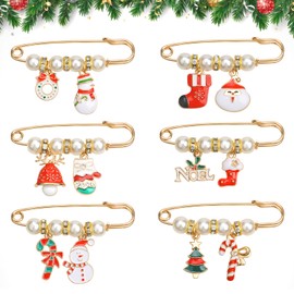 Kiiwah 6P Xmas Brooch With Pin, 6 Pieces Christmas Brooch Set, Metal Christmas Pin with Pearls Rhinestone Pin Christmas Brooch for Clothing Jewellery Adults Children, Metal