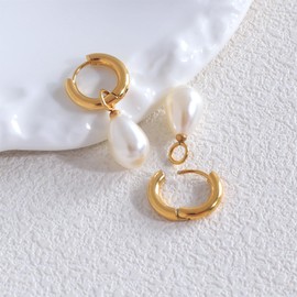 TaYolnFaSo Pearl Earrings for Women 18k Real Gold Plated Natural Freshwater Pearl Drop Earring White Pearl Huggie Earrings Pearl Hoop Dangle Earring Pearl Bead Jewelry Gift for Wife Girlfriend Mother
