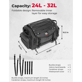 KEMIMOTO Motorcycle Travel Luggage Bags, 24-32L Expandable Large Capacity Motorcycle Tail Bag, Waterproof Rear Rack Trunk, Motor Pannier Bag with Rain Cover and Straps