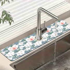 Colorful Wildflowers Sink Splash Guard White Orchid Faucet Absorbing Mat Fast Drying Mat Sink Gadgets Splash Guard Behind Faucet Drip Catcher for Kitchen Bathroom, 23.5"x5.5"