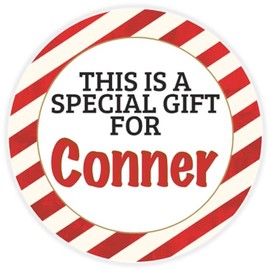 This is a Gift for Conner - 100 Pack Circle Stickers 3 Inch - Candy Cane Merry Christmas Gift Tag Present Tree Holiday Custom Name Santa Claus